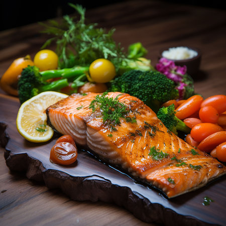 salmon fillet with vegetables on a wooden background. tinting. selective focusの素材