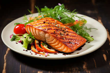 Grilled salmon with vegetables on a white plate on a wooden backgroundの素材