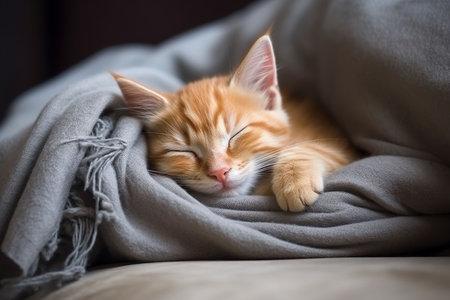 Cute ginger kitten sleeps under a warm blanket on the couch.の素材