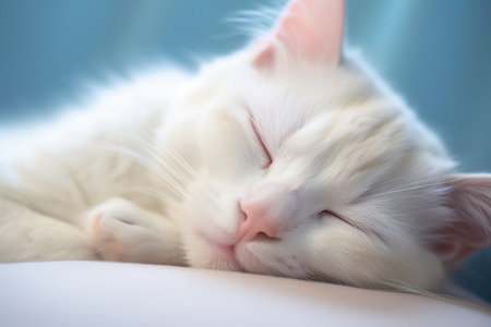 White cat sleeping on the bed, closeup of head and eyesの素材