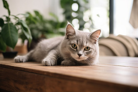 Cute cat lying on wooden table and looking at camera with copy spaceの素材