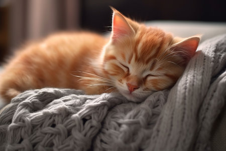 Cute ginger kitten sleeping on knitted plaid, closeupの素材