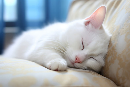 White cat sleeping on sofa in room, closeup. Lovely petの素材