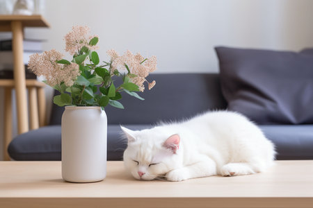 White cat sleeping on wooden table with flower in vase, stock photoの素材