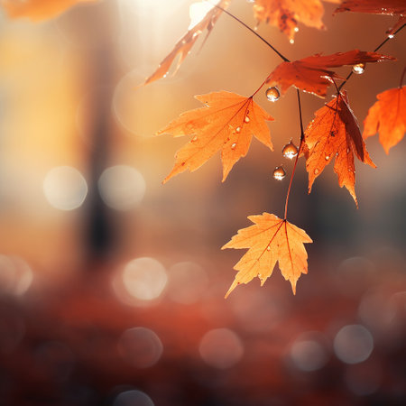Autumn maple leaves with drops of dew on bokeh backgroundの素材