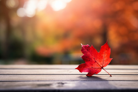 Autumn maple leaf on wooden table with bokeh background.の素材