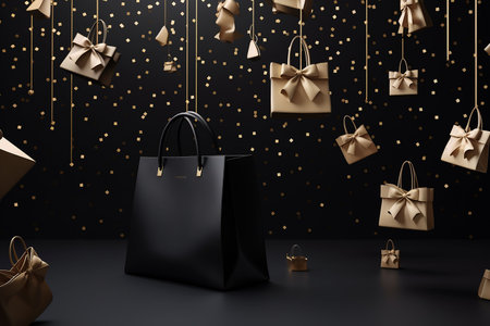 Black paper bag with gifts on black background. Christmas and New Year concept. 3D Renderingの素材