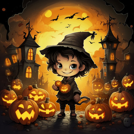 Halloween background with boy in witch costume and pumpkins - illustration for childrenの素材