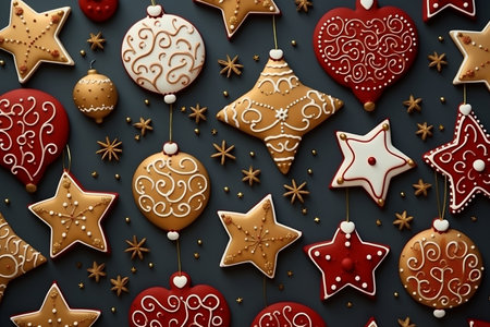Christmas gingerbread cookies on a dark background. Flat lay, top view.の素材