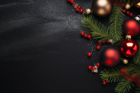 Christmas background with fir branches and red baubles on black backgroundの素材