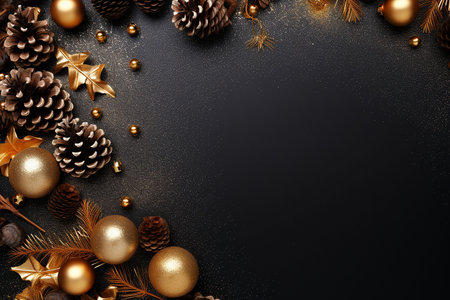 Christmas and New Year background with golden decorations on black. Top view with copy space.の素材