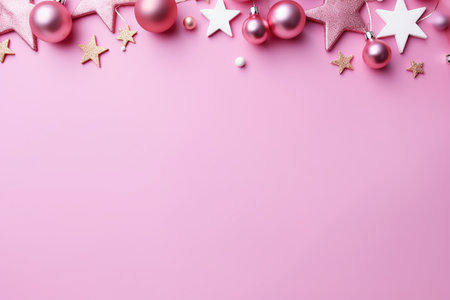 Christmas background with pink decorations and stars on pink. Top view with copy spaceの素材