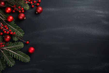 Christmas background with fir branches and red baubles on black boardの素材
