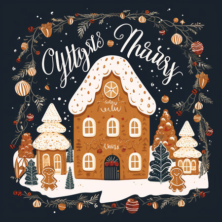 Christmas greeting card with gingerbread house and lettering. Vector illustration.の素材