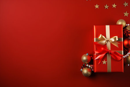 Christmas background with red gift box and baubles on red backgroundの素材
