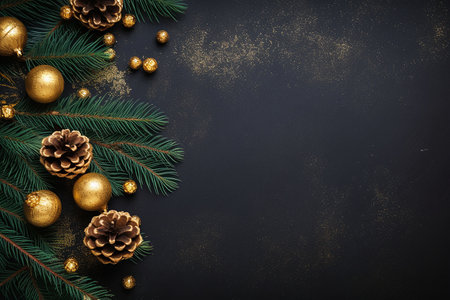 Christmas background with fir branches and golden decorations on black background. Top view with copy spaceの素材