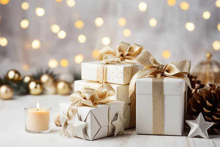 Christmas gift boxes with golden ribbons on wooden background with bokeh lightsの素材