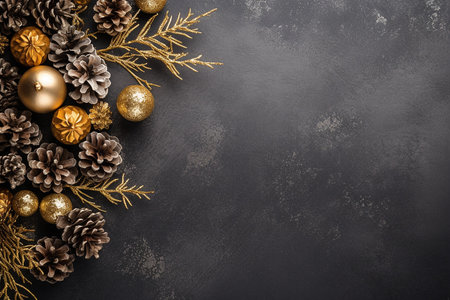 Christmas background with fir tree branches, golden balls and pine cones. Top view with copy spaceの素材