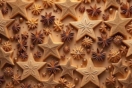Christmas gingerbread stars with star anise and cinnamon on orange backgroundの素材