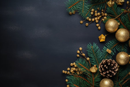 Christmas background with fir branches, golden baubles and decorations on dark backgroundの素材