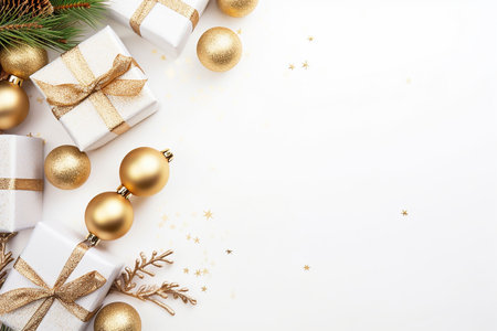 Christmas and New Year background. Festive decoration on white background. Flat lay, top view, copy space.の素材