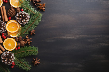 Christmas background with fir branches and spices on dark wooden board. Top view with copy spaceの素材