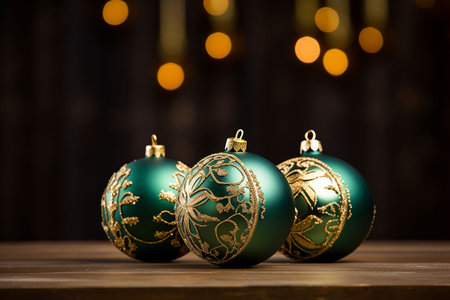 Christmas baubles on wooden table over bokeh background.の素材