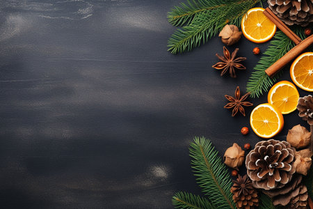 Christmas or New Year background with fir tree branches, cones, spices and oranges. Top view with copy spaceの素材