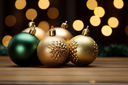 Golden and green christmas baubles on bokeh backgroundの素材