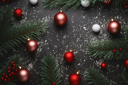 Christmas background with fir branches, red and white balls and snowflakes. Flat lay, top viewの素材
