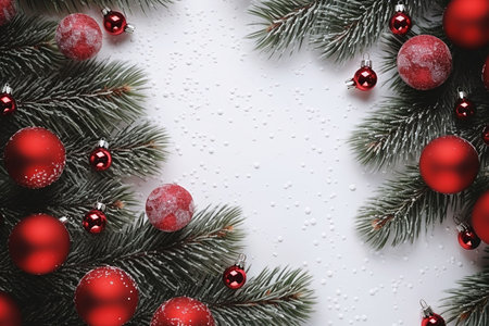 Christmas background with fir branches, red balls and snowflakes on white backgroundの素材