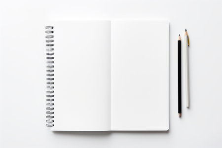 Blank notebook and pencil on white background. View from above.の素材