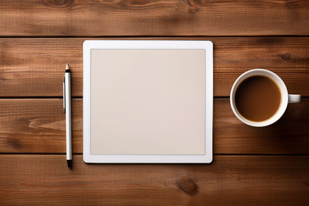 Tablet pc with blank screen and cup of coffee on wooden tableの素材