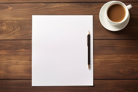 Blank paper with pencil and coffee cup on wooden table, top viewの素材