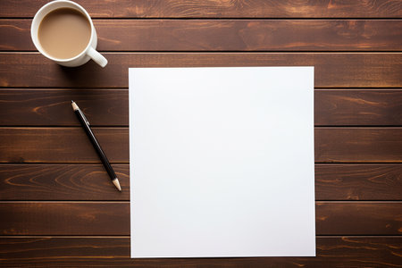 Design concept - top view of workspace with blank paper, coffee cup and pencil on wooden background for mockupの素材