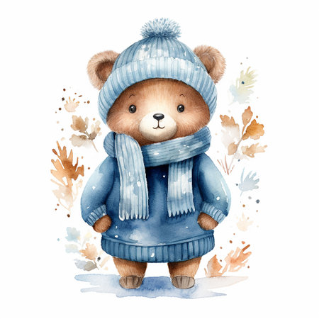 Cute teddy bear in winter clothes. Watercolor illustration.の素材