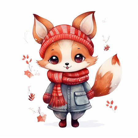 Cute cartoon fox in warm clothes and scarf. Vector illustration.の素材