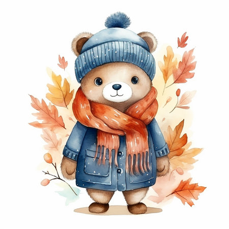 Cute bear in warm clothes and scarf. Watercolor illustration.の素材