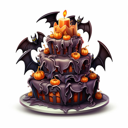 Halloween cake with pumpkins and bats isolated on white background.の素材