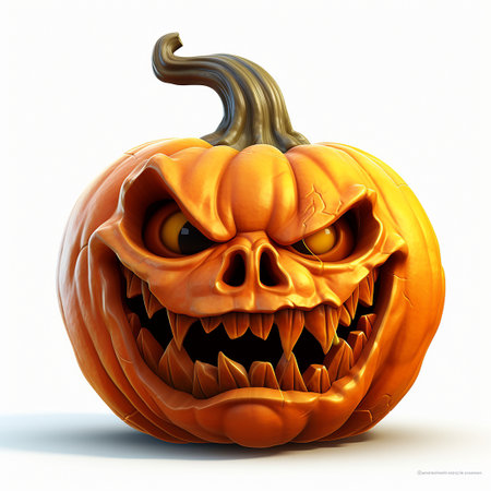 Halloween pumpkin with scary face isolated on white background. 3D illustration.の素材