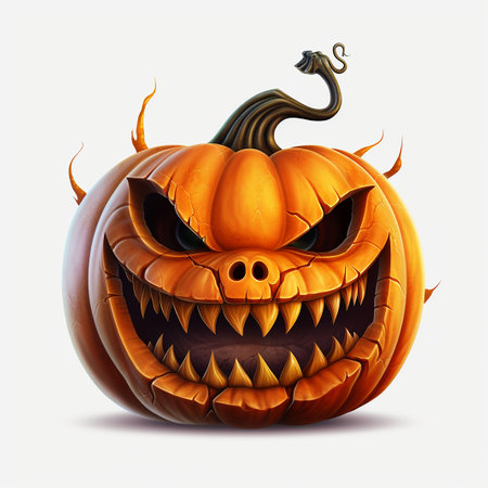 Halloween pumpkin with scary face. 3D render illustration isolated on white backgroundの素材