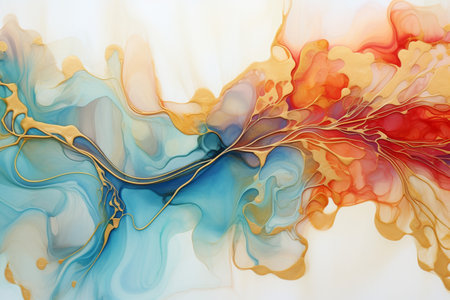 abstract background of acrylic paint in blue, orange and yellow tonesの素材