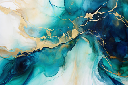 Abstract background of acrylic paint in blue and gold tones. Liquid marble texture.の素材