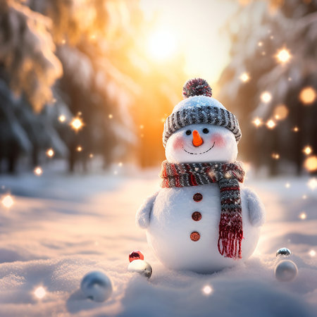 Snowman in the winter forest at sunset. Christmas and New Year background.の素材