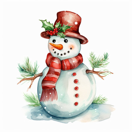 Watercolor snowman with hat and scarf on a white background.の素材