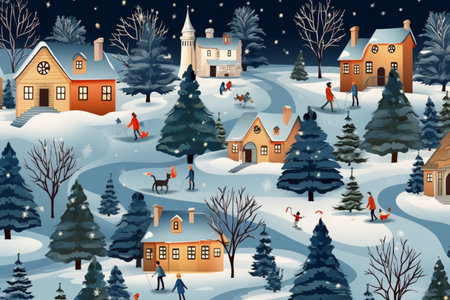 Christmas and New Year holidays background with village houses, trees and snow.の素材