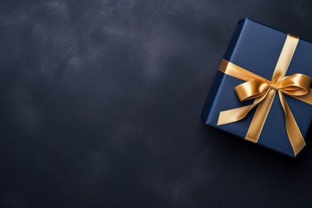Gift box with gold ribbon on black background. Top view with copy spaceの素材