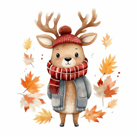 Cute cartoon reindeer in warm clothes and scarf with autumn leaves.の素材