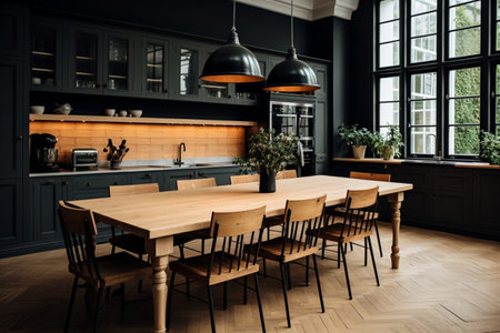 Interior of modern kitchen with wooden table and chairs in dark colorsの素材