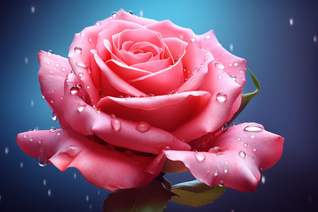 Beautiful pink rose with drops of water on a blue background.の素材